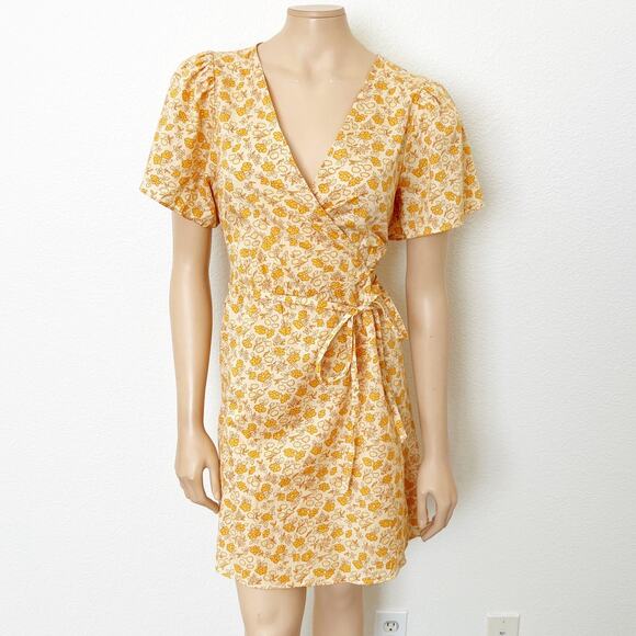 [Madewell] Yellow Fiore Floral Print Short Sleeve V-Neck Wrap Mini Dress Large L - Picture 1 of 11